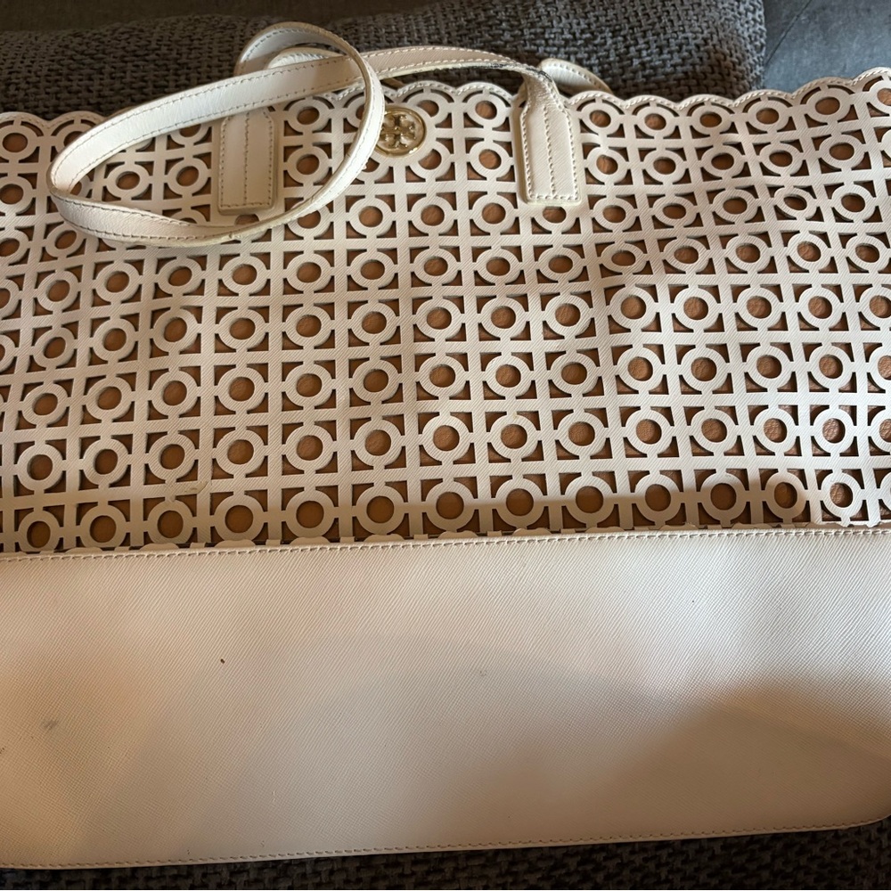 Tory Burch Cream and Tan Cut-Out Tote